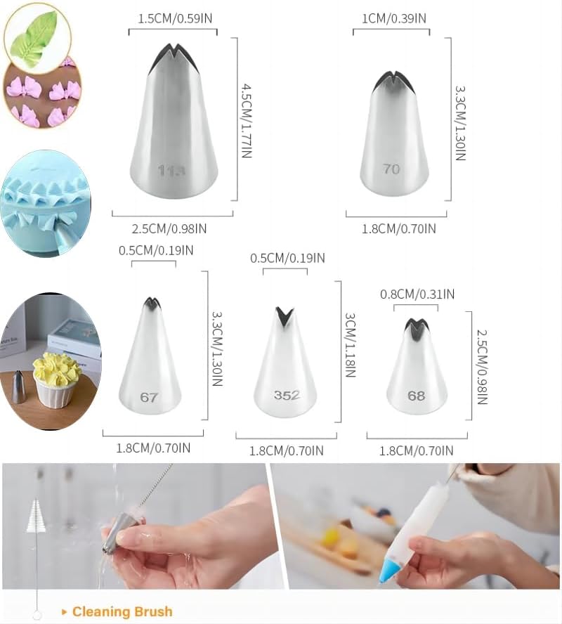 6 Pcs Leaf Piping Icing Nozzle, Cake Decorating Tube Tips Set, Leaves Stainless Steel Icing Piping Nozzles for Pastry Fondant DIy Baking Tools with Cleaning Brush (Leaf)
