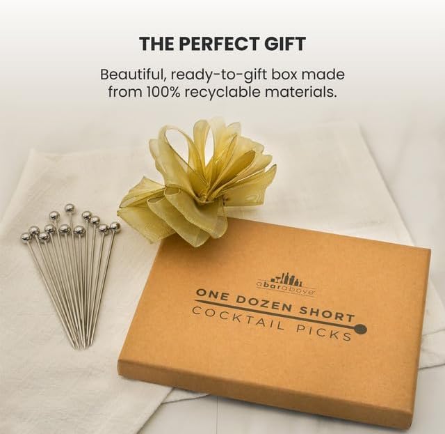 A Bar Above Gold Cocktail Picks, 12 Elegant Metal Skewers for Drink Garnishes, Appetizers, and Shrimp Cocktail, 8-Inch Reusable Stir Sticks for Bloody Marys, Old Fashioneds, and Charcuterie