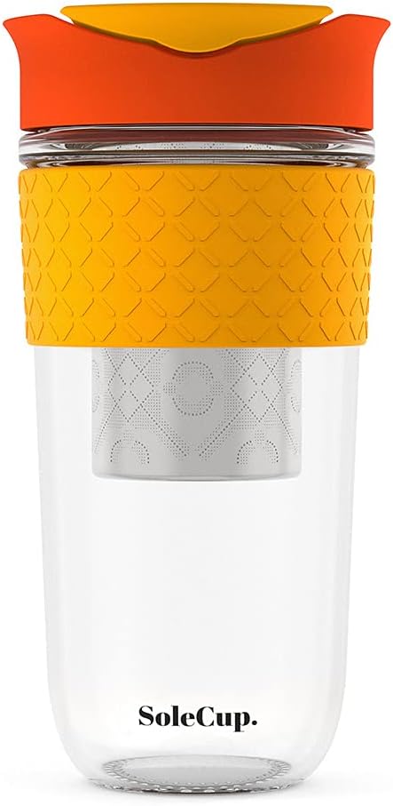 Large Travel Mug Loose Tea Infuser - Detachable Tea Strainer with Spill Proof Lid - 18oz/530ml BPA-Free Reusable Glass Travel Coffee Cup with Silicone Band (Red)