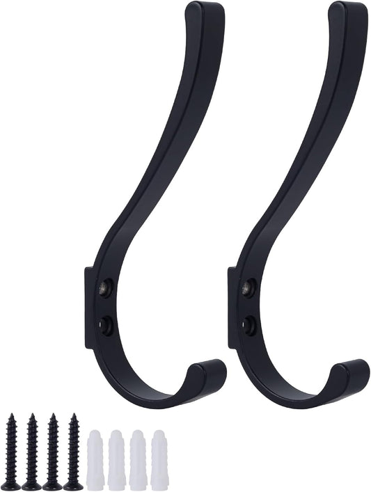 2 Pack Hanging Coat Hooks Wall Mount, Coat Hanger Wall Hangers, Metal Hooks for Hanging Heavy Duty, Screw in Hooks for Hanging Towels, Clothes, Backpack, Hat, Bag, Jacket, Key, Robe, Backpack Black