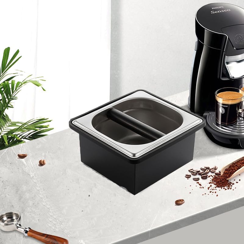 Coffee Knock Box, Stainless Steel Coffee Espresso Knock Box Coffee Grounds Bin with Noise Reduction Rubber Ring, Barista Espresso Machine Accessories