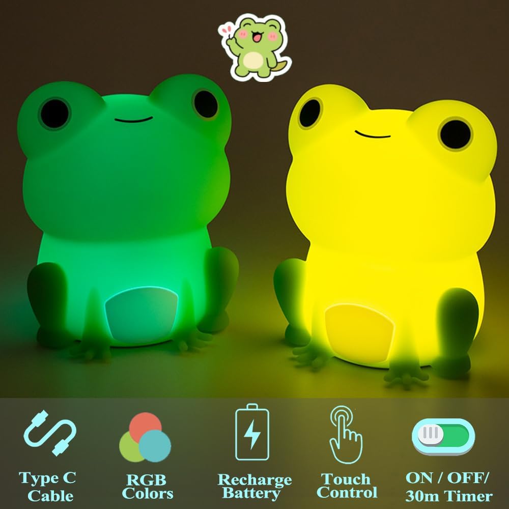 Frog Night Light, Frog Gifts, Cute Silicone Nursery Rechargeable Dimmable Bedside Lamp, Kids' Bedroom Decor, Gift for Children, Teens, Christmas Birthdays