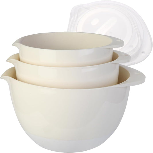 3 Plastic Mixing Bowls with Pour Spout,Lids and TPR Non-Slip Bottom,3Qt,2Qt,1.5Qt,Nesting Bowl Set for Kitchen Prep,Baking,Storage,Batter,Small,BPA free,Dishwasher Safe,Easy to Grip,White