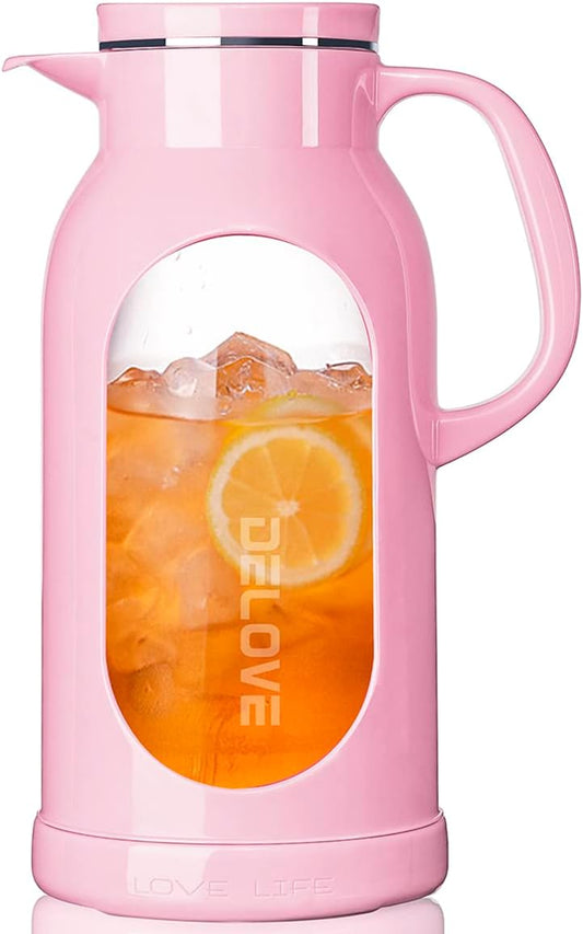 Delove 68 oz/2 Liter Glass Pitcher with Shatterproof Shell - Heat Resistant Glass Liner - Stainless Steel Lid - Carafe & Jug for Iced Tea,Hot/Cold Water,Homemade Juice Beverages (Pink)