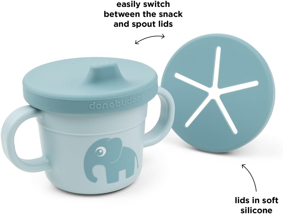 Done by Deer Elphee Blue Snack & Sippy Cup – Spill-Proof Toddler Cup with Soft Spout, Easy-Grip Handles, and Snap-On Lid – Perfect for 6-Month-Olds