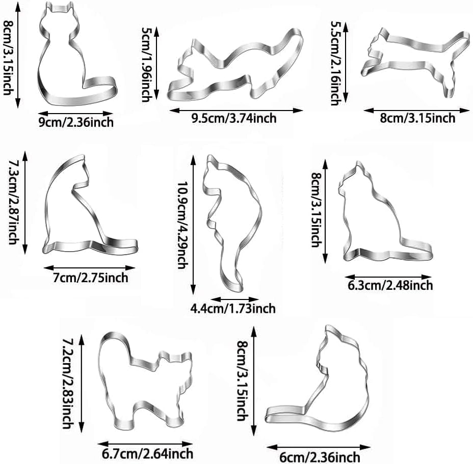 Cat Shaped Cookie Cutters Set,10pcs molds For Cake/Cookie,Stainless Steel Cake Tools For Kids,Party Accessories By MrCookie, Medium, Silver