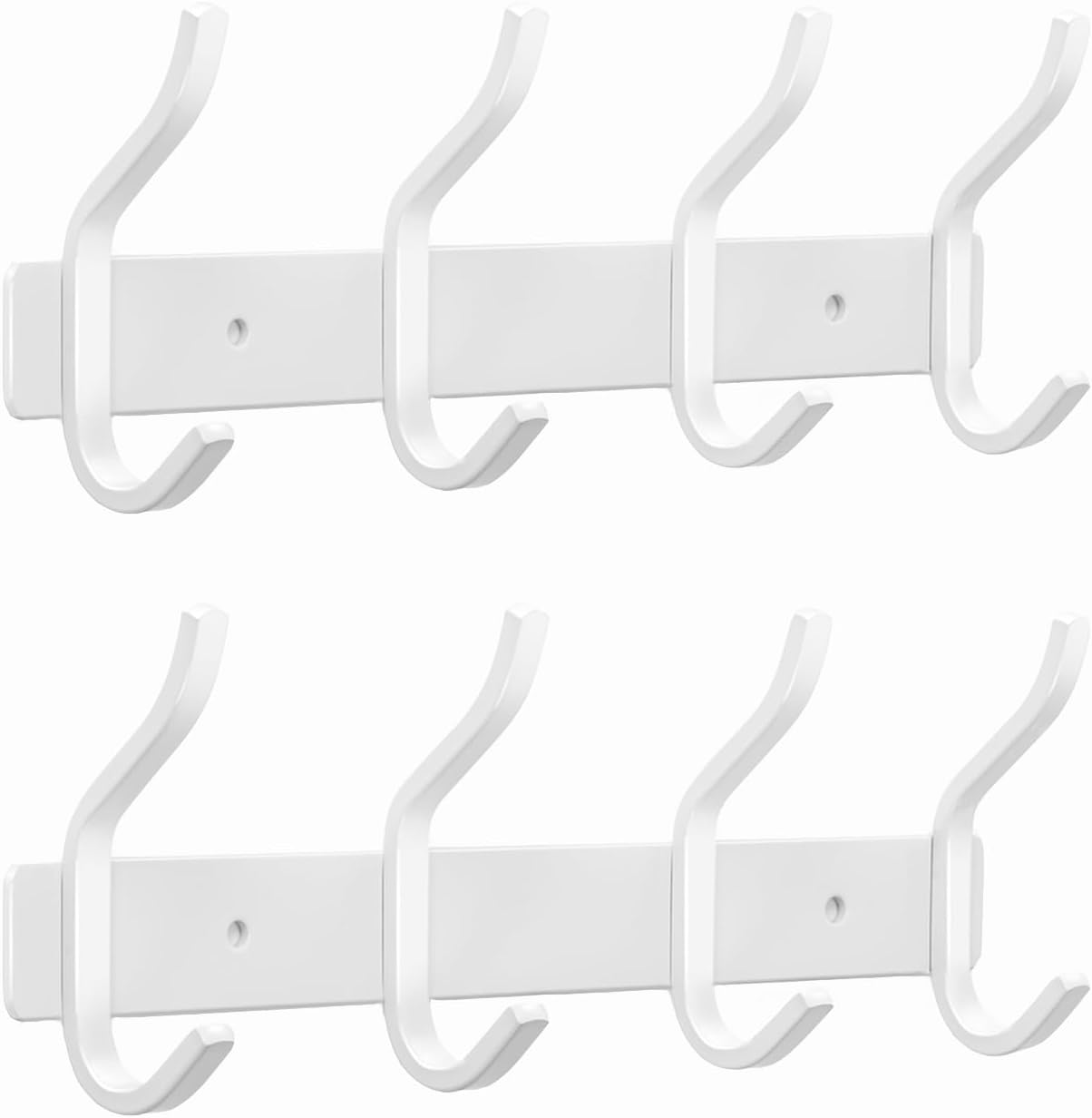 White Wall Hooks Heavy Duty, 12 Inch Coat Hooks Wall Mount with 4 Hooks, 2 Packs Wall Hooks Hangers for Entryway, Bathroom - for Hanging Backpack, Bag, Coat, Purse, Hat, Towel, Clothes