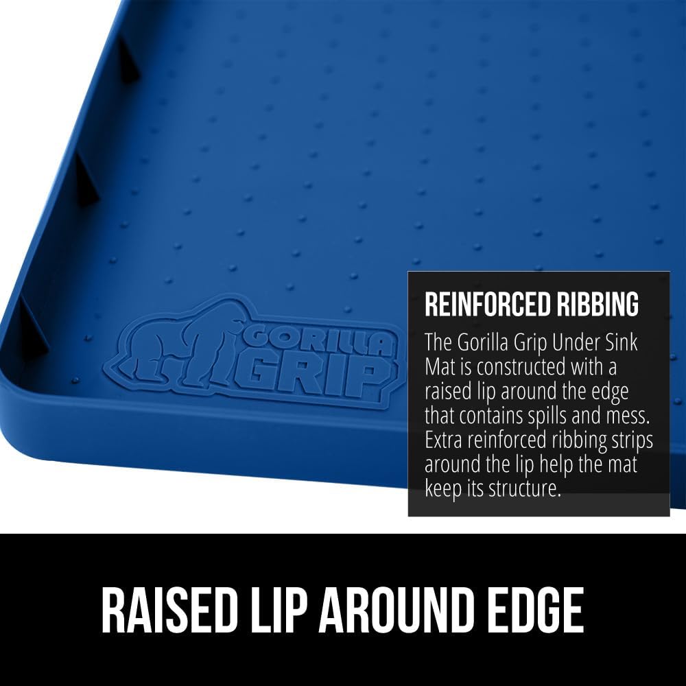 GORILLA GRIP Waterproof Silicone Under Sink Mat with Raised Lip for Kitchen and Bathroom, Cabinet Shelf Liner Stay in Place Mats Dishwasher Safe Drawer Liner, Organizer Tray, 19 x 22 in, Blue
