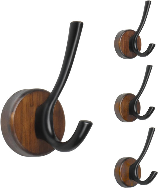 kuaima Coat Hooks Wall Mount, Round Walnut Wood Wall Hanger with Metal Double Hooks, Towel Robe Hooks Heavy Duty, Small, 4 Pcs