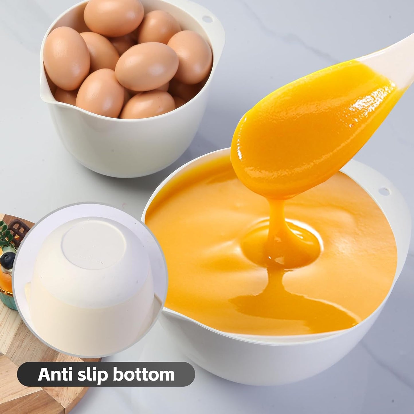 3 Plastic Mixing Bowls with Pour Spout,Lids and TPR Non-Slip Bottom,3Qt,2Qt,1.5Qt,Nesting Bowl Set for Kitchen Prep,Baking,Storage,Batter,Small,BPA free,Dishwasher Safe,Easy to Grip,White