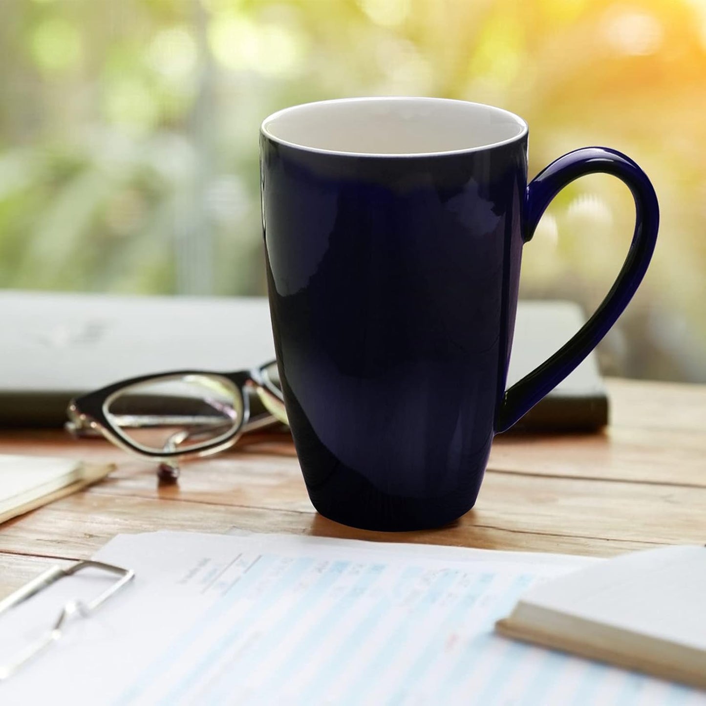 amhomel Porcelain Tea Mug with Infuser and Lid, 16 Ounce Ceramic Tea Cup for Loose Leaf, Coffee, Cocoa and Milk, Tea Gift for Tea Lovers, Set of 2(Navy Blue and White)