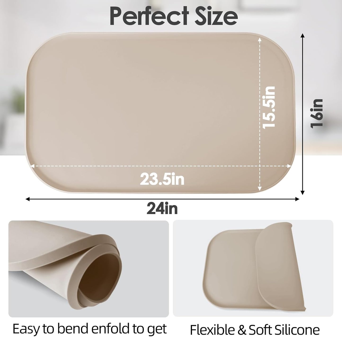 Silicone Coffee Maker Mat with Lip, 24'' x 16'' Heavy Duty Coffee Maker Mat for Countertops, Coffee Tray Fit Under Coffee Machine Appliance Automatic Machines Espresso Accessory, Khaki