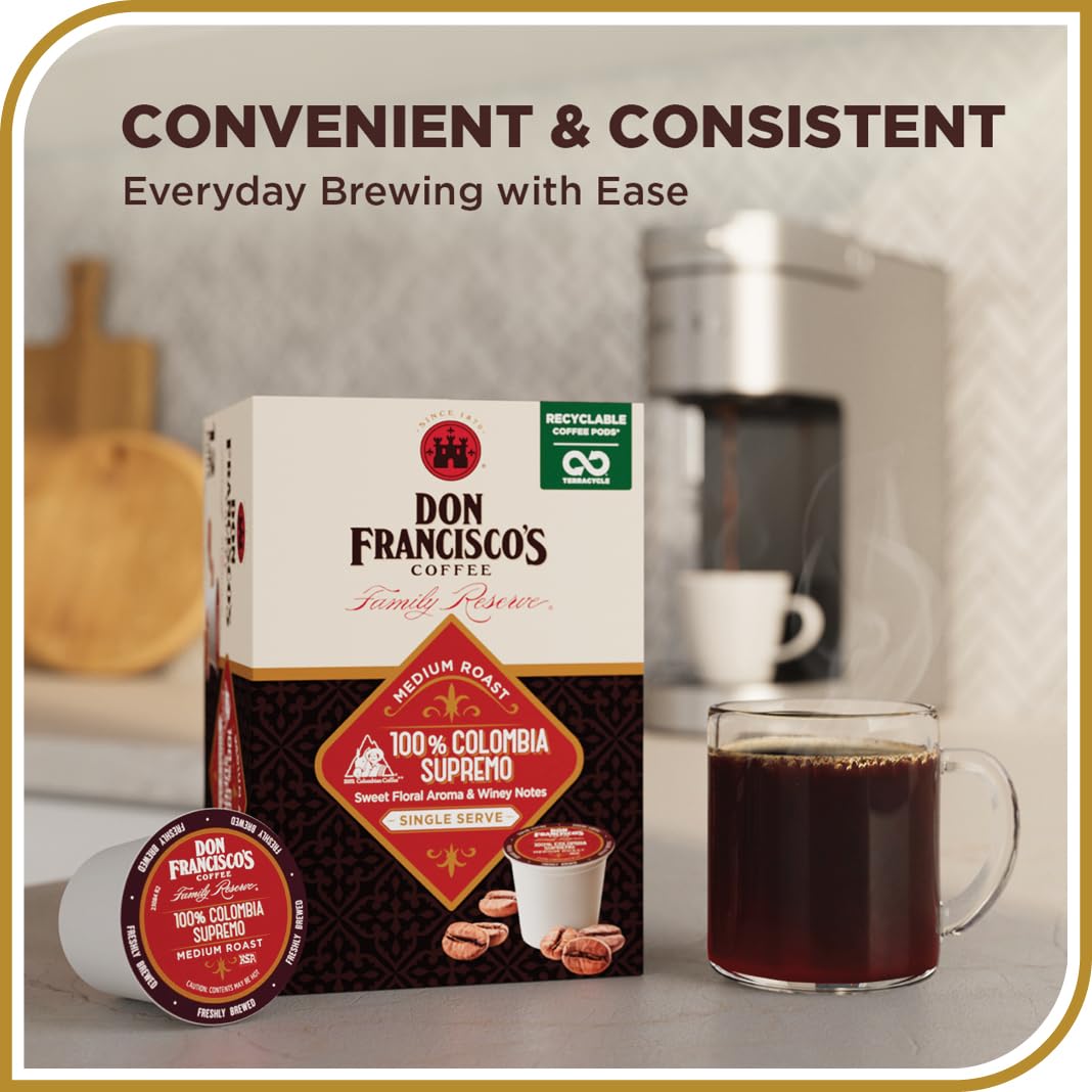 Don Francisco's Colombia Coffee - 24 K-Cup Compatible Single-Serve Pods - 100% Arabica - Recyclable through TerraCycle - Floral Aroma with Winey Notes - Compatible with Keurig Brewers
