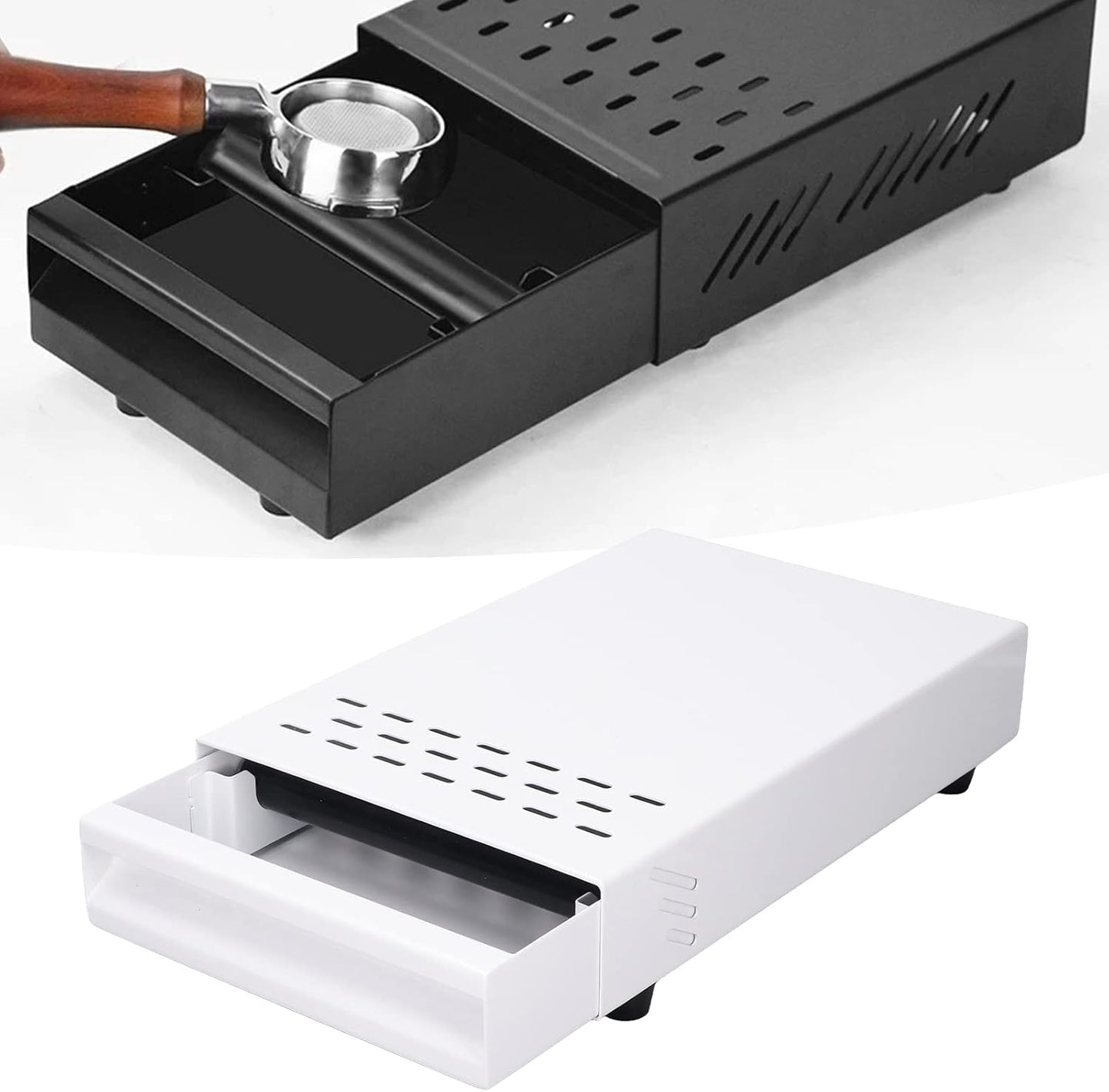 Coffee Knock Box, Thick Stainless Steel Plate Coffee Ground Knock Container Detachable Drawer Type Coffee Powder Box Non Slip Feet Design Knock Box Drawer (White)