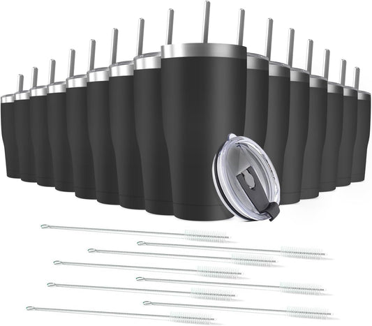 16 Pack 20oz Stainless Steel Tumblers Bulk Reusable Travel Mugs with Lid, Double Wall Powder Coated Coffe Cup for Home, Office, Outdoor Suitable for Vehicle Cup Holders