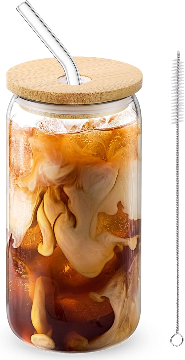 Glass Cups with Lids and Straws, 16oz Drinking Glasses, Iced Coffee Cups, Glass Tumbler with Lid, Great for Soda Boba Tea Cocktai (1 PACK)