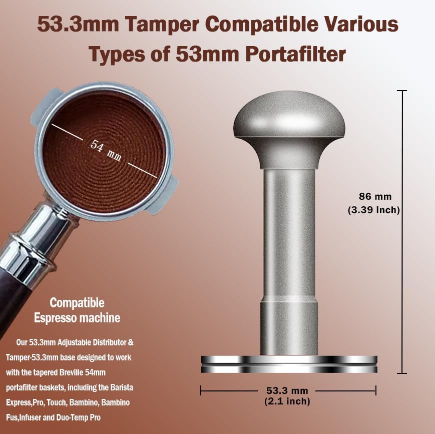 53.3mm Espresso Tamper - Premium Barista Coffee Tamper with Aluminum Handle and Stainless Steel Base, Compatible with Breville Barista Express 54mm Portafilter Basket (Silver)
