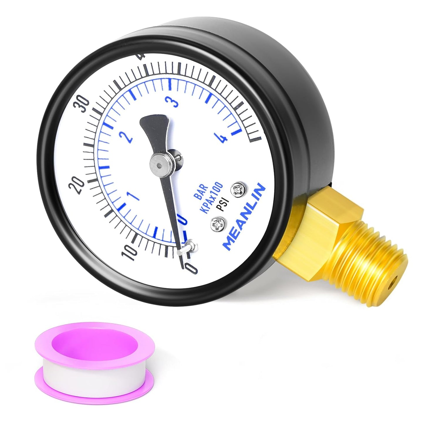 MEANLIN MEASURE 0-60Psi Well Pump Pressure Gauge 1/4" NPT 2" FACE DIAL for Pool Filter Pump Water Oil Air Compressor Tire Pressure Tester Lower Mount, with Teflon Tape
