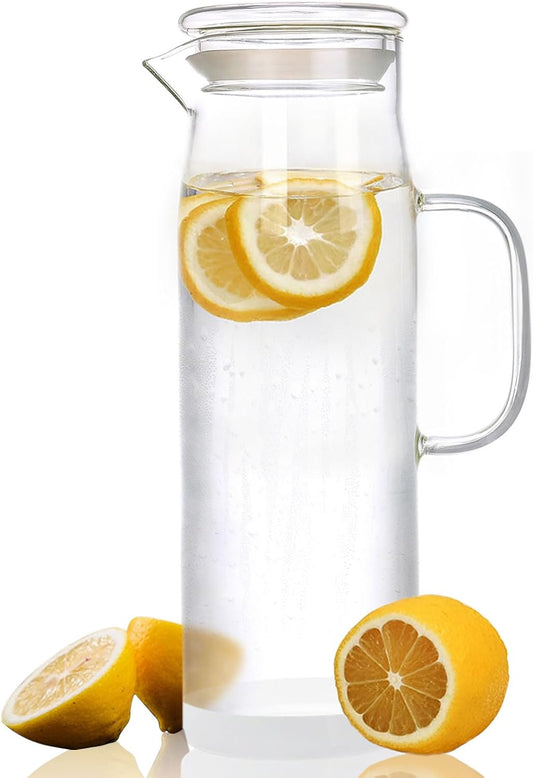 hjn Glass Water Pitcher with Lid Glass Carafe with Handle, Fridge Water Jug for Cold or Hot Beverages,Iced Tea,Milk,Juice 1500ml/51oz & glass lid