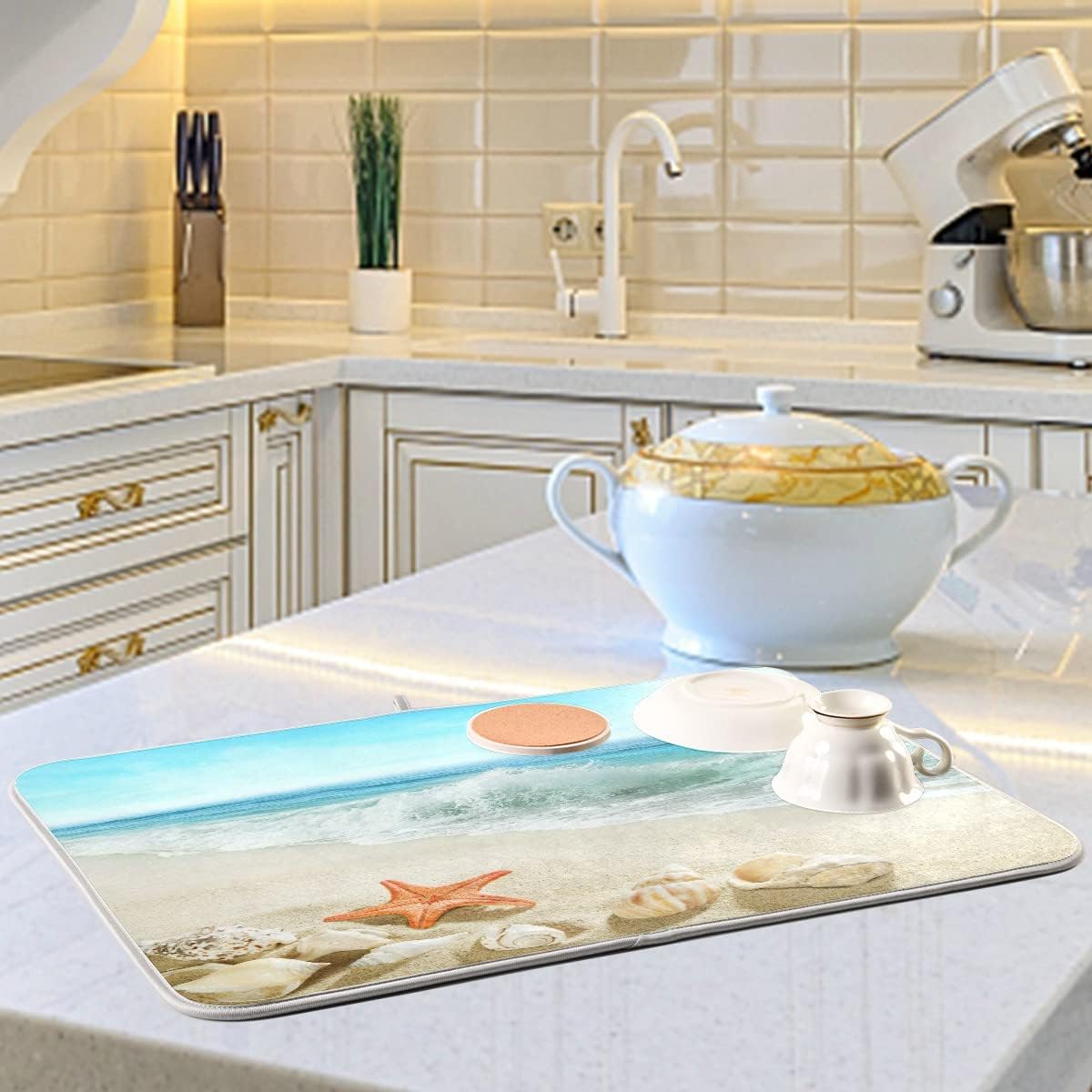 Summer Beach Dish Drying Mat 18 x 24 Inch Sea Wave Shells Starfish Drying Mat with High Absorbent Reversible Microfiber Kitchen Mat Dish Rack Pad Dish Drainer Mat for Kitchen Counter Coffee Bar