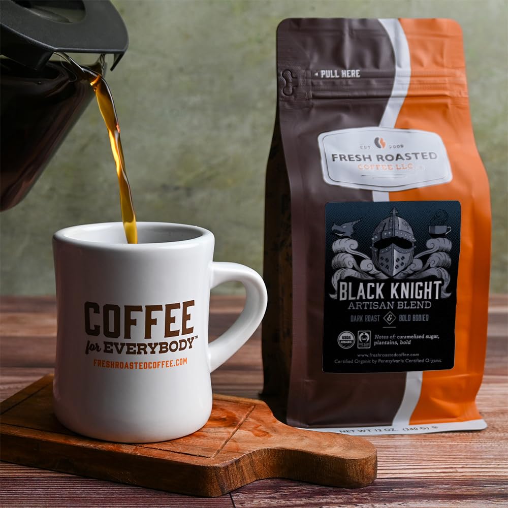 Fresh Roasted Coffee, Organic Black Knight | USDA Organic, Kosher | Dark Roast 12 oz Ground