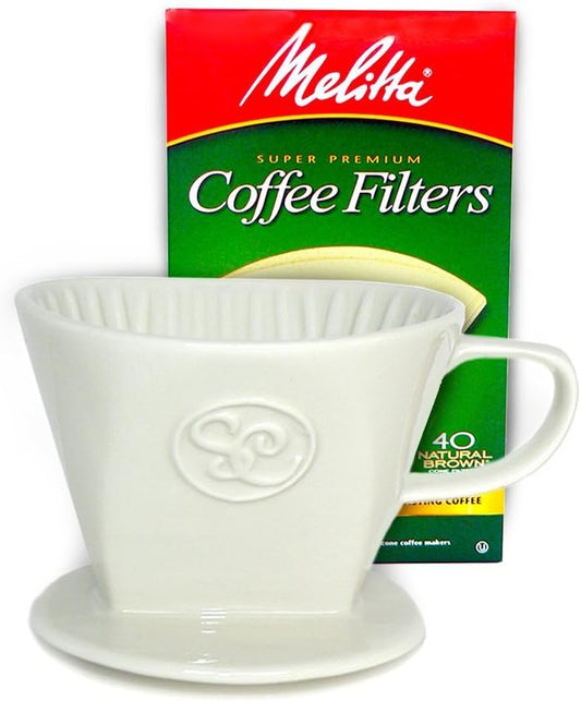 Ceramic Pour Over Coffee Maker with 40 Count Melitta Filters - Elegant Single Serve Coffee Dripper for Rich Brewed Pour Over Coffee