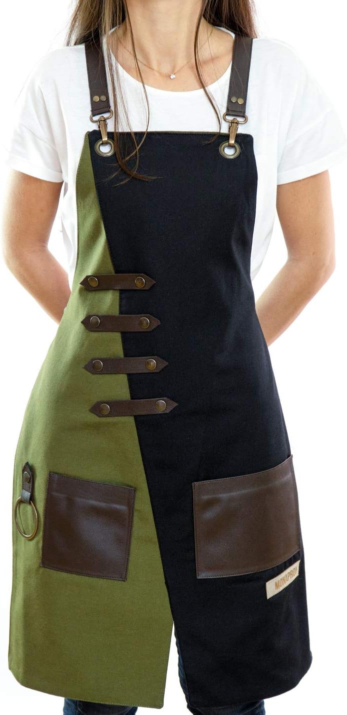 Apron for Women and Men Waterproof Canvas Extra Pocket for Chef Barista Gardening BBQ Grilling Crossback Unisex