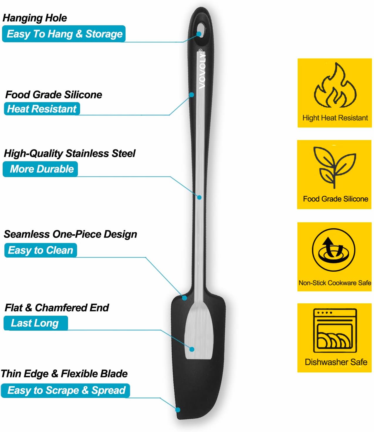 Silicone Jar Spatula, Small Rubber Scraper, Spatulas Silicone Heat Resistant, Seamless,Non StIck Cookware 11.2 Inch, Black.