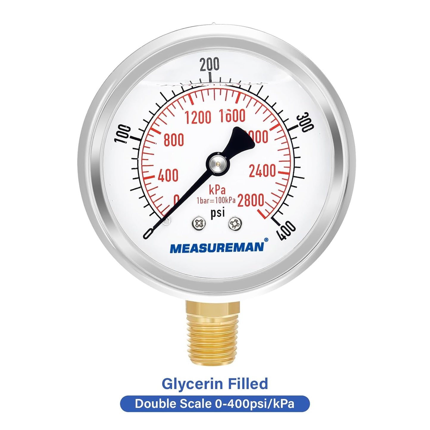 MEASUREMAN 2-1/2" Dial Size, Glycerin Filled Pressure Gauge, 0-400psi/2800kpa, 304 Stainless Steel Case, 1/4" NPT Lower Mount