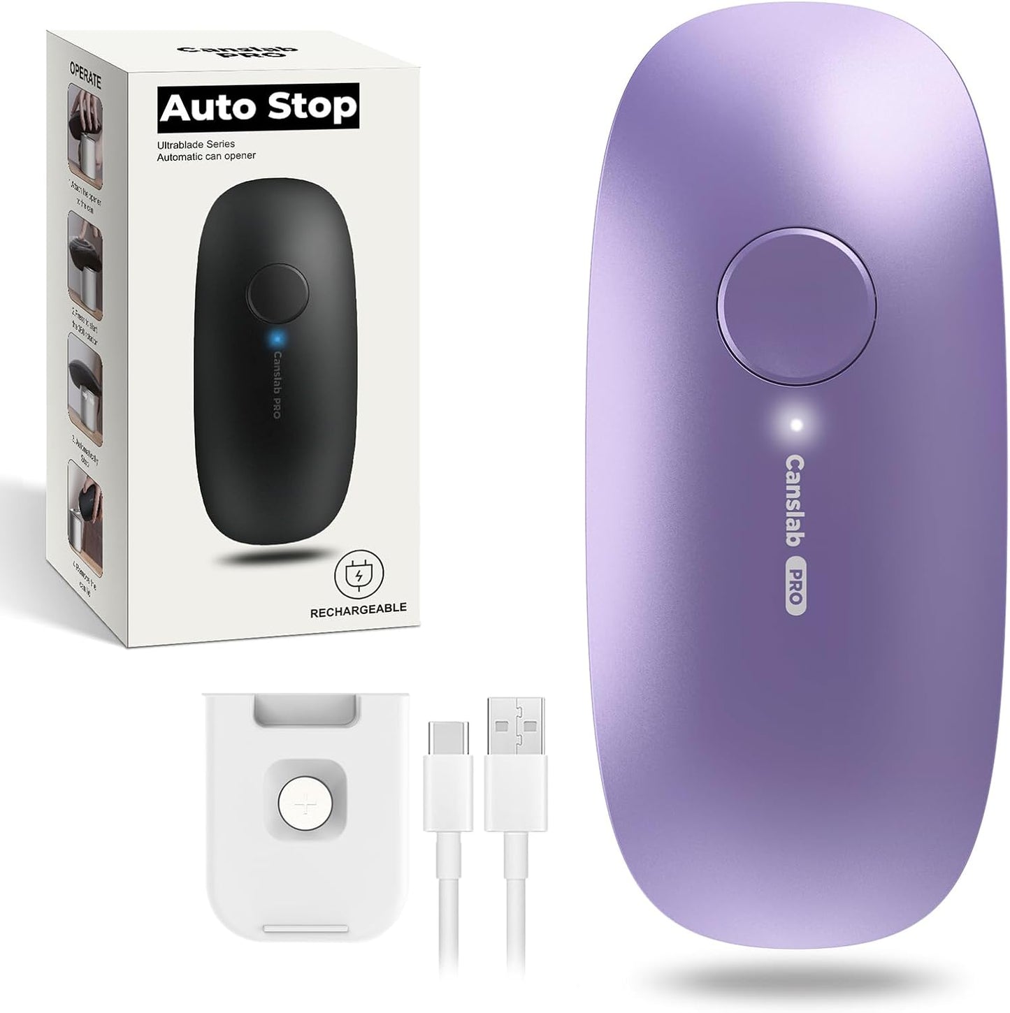 Ultrablade PRO Auto Stop Can Opener - Rechargeable Electric Can Opener for Kitchen for Seniors with Arthritis - One Touch Side Cut Opener, Smooth Edge, Lilac