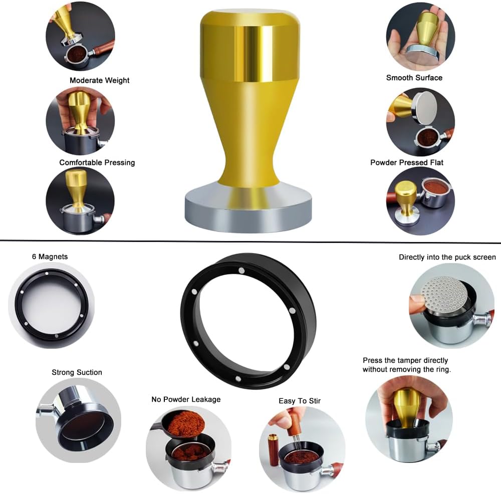 51mm Espresso Tamper Set, 5PCS Coffee Tamper Kit with WDT Tool, Coffee Stirrer, Dosing Funnel, Puck Screen 51mm Espresso Accessories Tampers Kit (Gold)