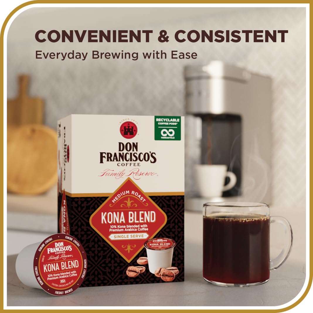 Don Francisco's Kona Blend Coffee - 100 K-Cup Compatible Single-Serve Pods - 10% Hawaiian - Recyclable through TerraCycle - Compatible with Keurig Brewers