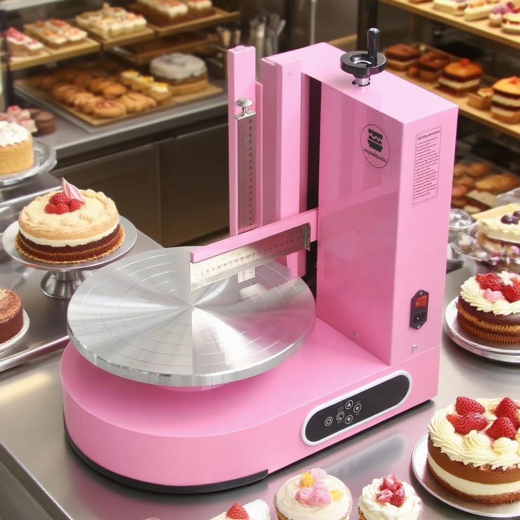 Semi Automatic Birthday Cake Smoothing Coating Machine, AC110V 4-14in Cake Cream Spreading Machine, Cakes Decorating Cream Coating Machine Turntable with Graduated Scraper, Baking Supplies (Pink)