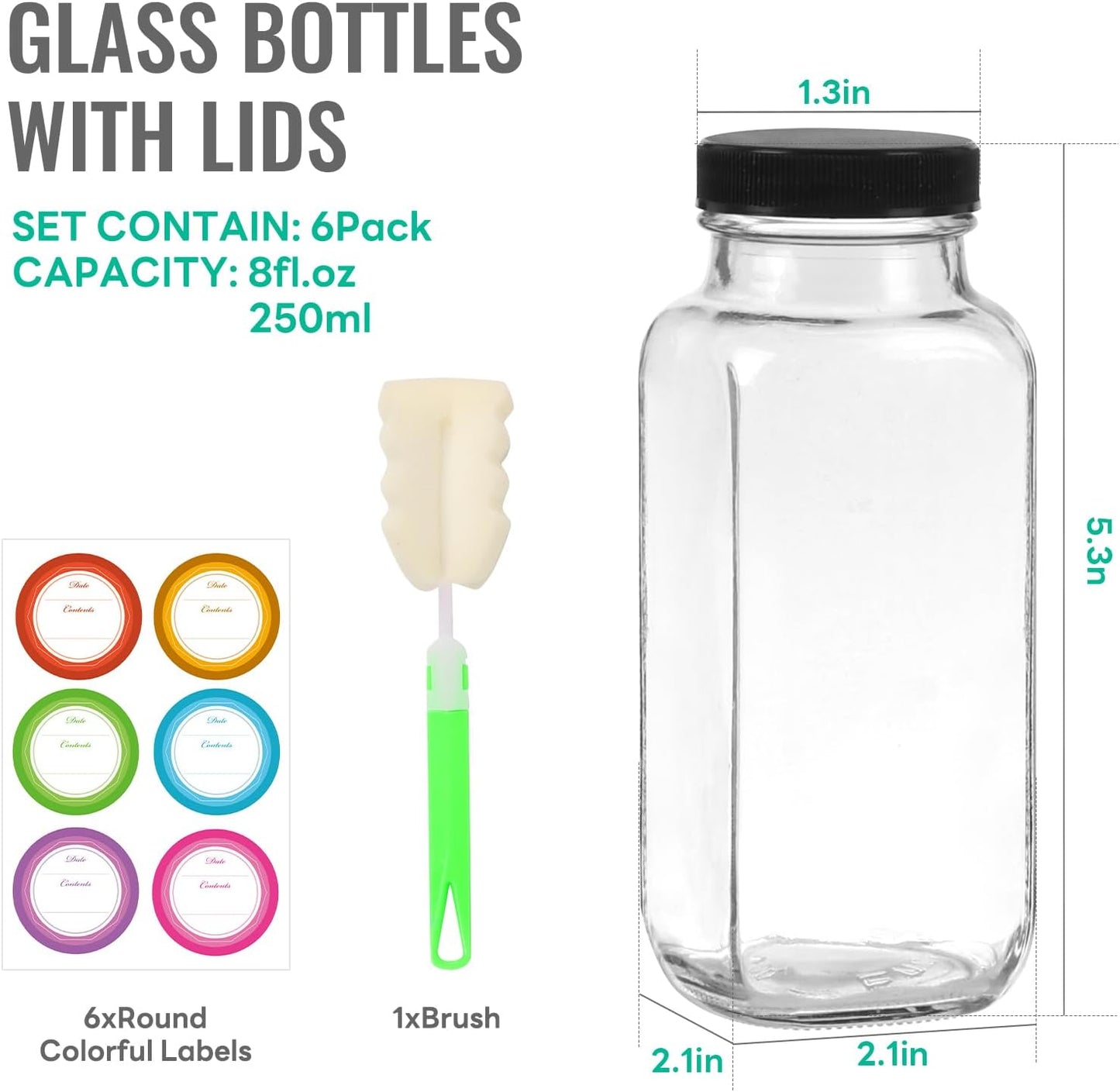 8 oz Glass Juice Bottles with Lids 6 Pack,Reusable Glass Drink Bottles,250ml Water Drinking Jars for Milk,Juicing,Kombucha,Ginger,Beverage Glassware,Juice Drinking Jars