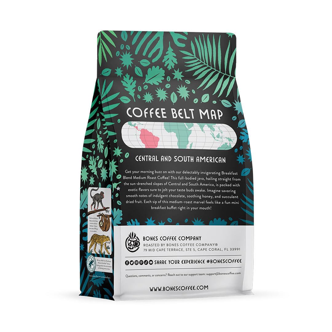 Bones Coffee Company Breakfast Blend, Chocolate, Honey and Dried Fruit Notes, Unflavored Coffee, Medium Roast Low Acid Arabica Beans Compatible with Auto drip and French Press Coffee Maker, 12 Oz Ground