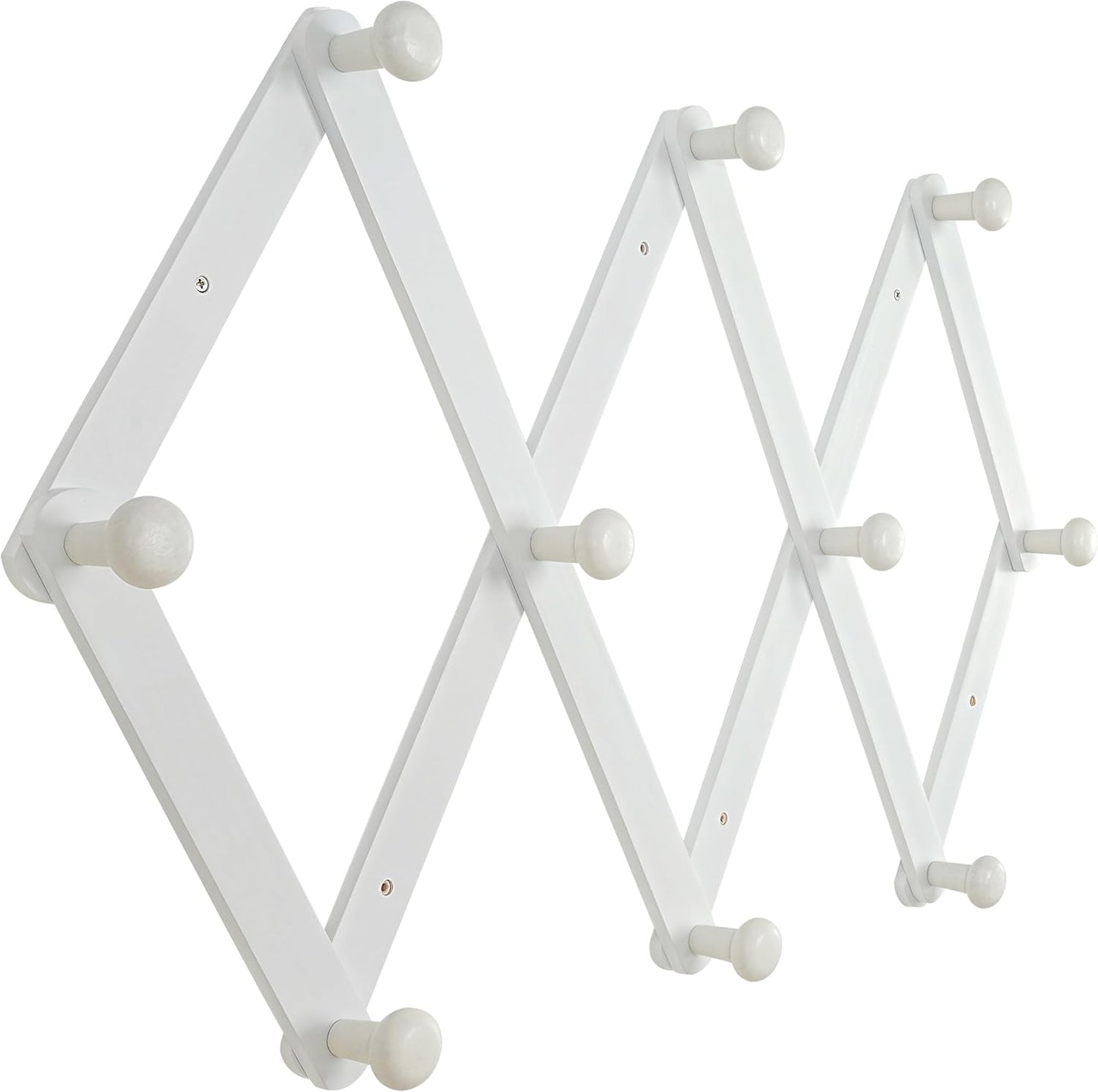 Dseap Expandable Coat Rack (Larger Version) - 24” High, Anti-Slip, Ultra Heavy Duty Wooden Accordian Wall Hanger with 10 Study Peg Hooks for Clothing Hats Jackets Bags, White