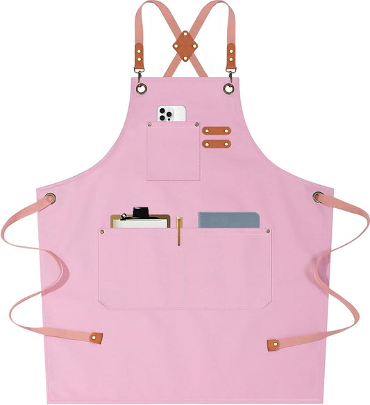 AFUN Chef Aprons for Men Women with Large Pockets, Cotton Canvas Cross Back Heavy Duty Adjustable Work Apron, Size M to XXL (Lightpink)
