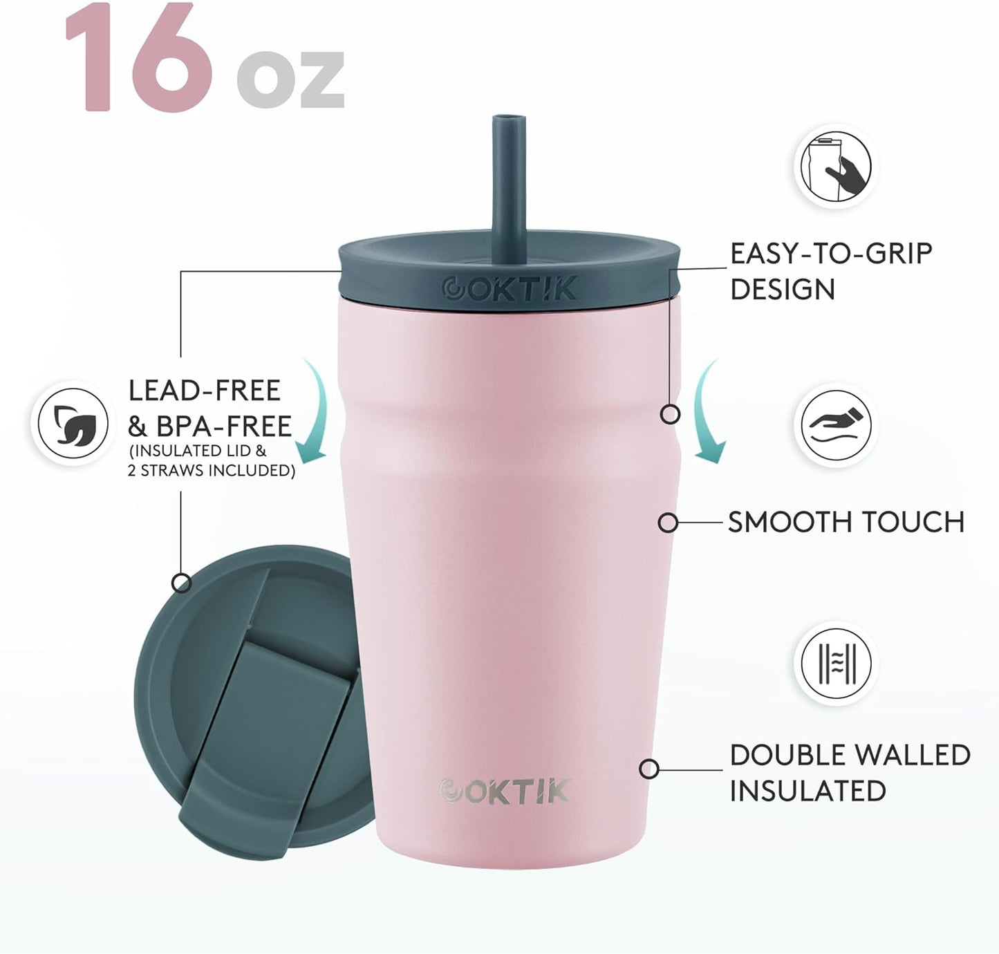 COKTIK 16oz Insulated Tumbler with Lid and Straw 2 Lids (Straw/Flip) Iced Coffee Cup Reusable Stainless Steel Travel Mug Water Bottle Cupholder Friendly for Women Men Her Him (Blush)