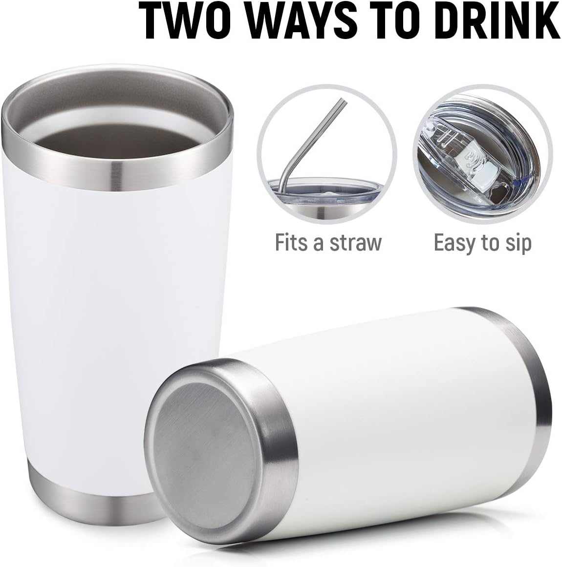 COMOOO 20oz White Tumbler Bulk with Straw Stainless Steel Insulated Coffee Tumbler Cups Double Wall Vacuum Travel Coffee Mug with Splash Proof Sliding Lid for Hot Cold Drinks (White, 4 Pack)
