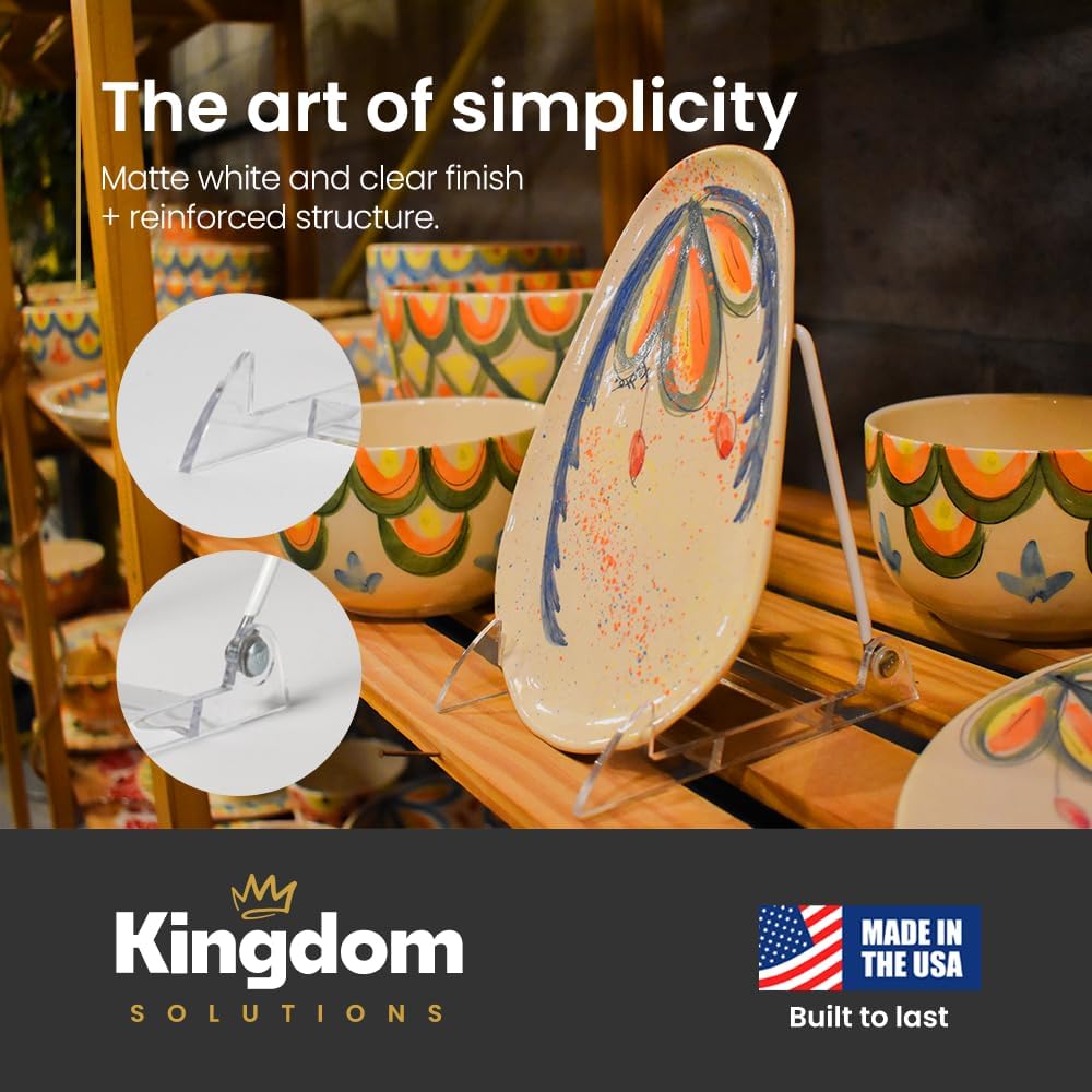 KINGDOM SOLUTIONS MADE IN USA 12-Pack Adjustable Acrylic Easels - Plate Stand - Sturdy Book Stand for Art, Pictures, Plates, Frames - Unique on the Market