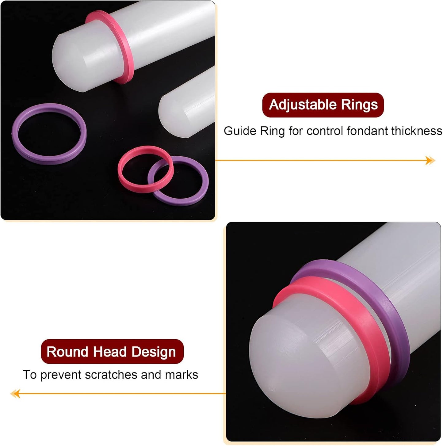 HARFINGTON Fondant Rolling Pin 13 Inch x 0.98 Inch Adjustable Guide Rings Non-Stick PP Plastic Fondant Roller Dough Roller Kitchen Decorating Tools for Cookie Pastry Pizza Clay