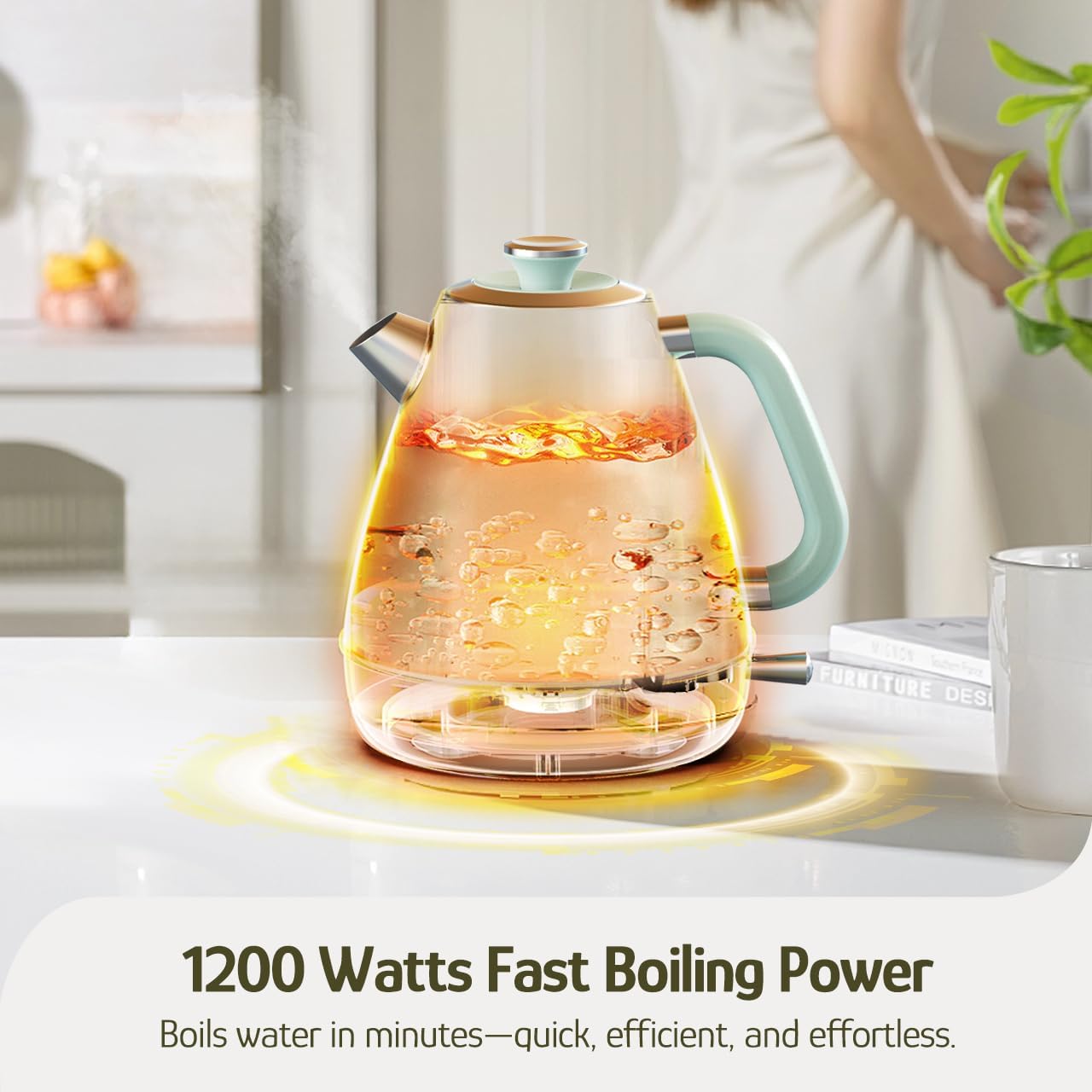 Hazel Quinn Retro Electric Kettle - 1.7 Liters / 57.5 Ounces Tea Kettle with Thermometer, All Stainless Steel, 1200 Watts Fast Boiling, BPA-free, Cordless, Automatic Shut Off - Mint Green