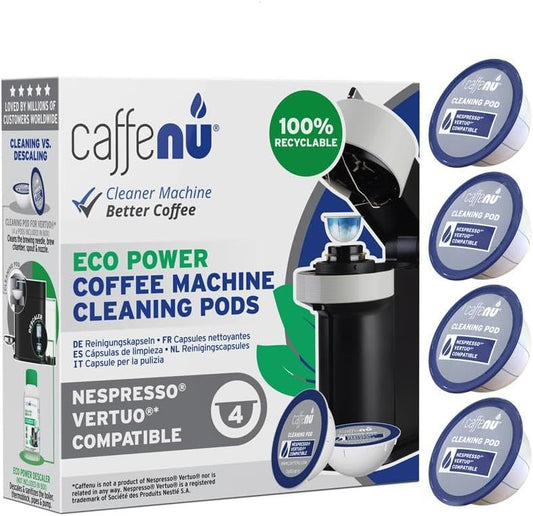 Caffenu Cleaning Pods Compatible with Nespresso Vertuo. 4 Cleaner Capsules. For Improved Coffee Flavor and Crisp Coffee. Use with Descaling Kit