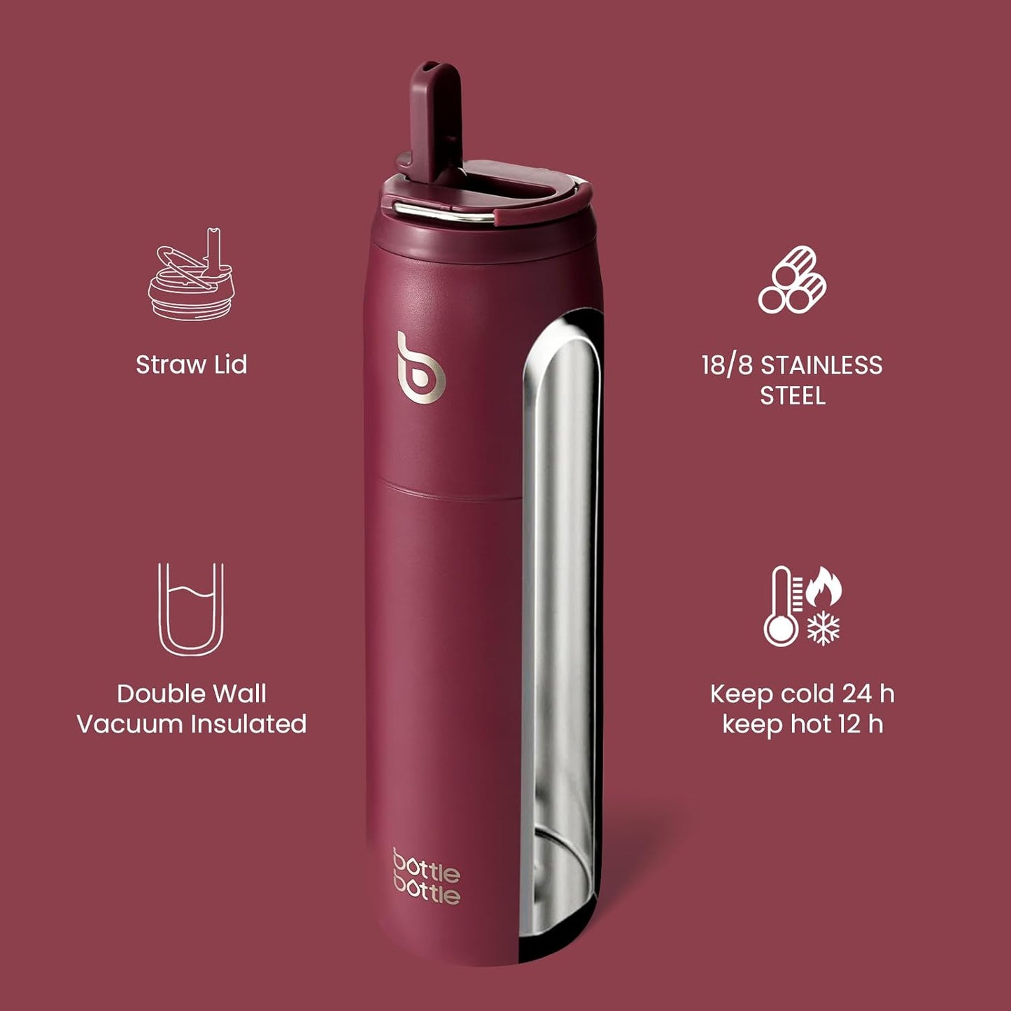 BOTTLE BOTTLE Stainless Steel Water Bottle with Straw and Lid, 32 oz Vacuum Insulated Cup,Stay Cold and Hot， Leak-Proof Wide Mouth Sports Water Bottles red