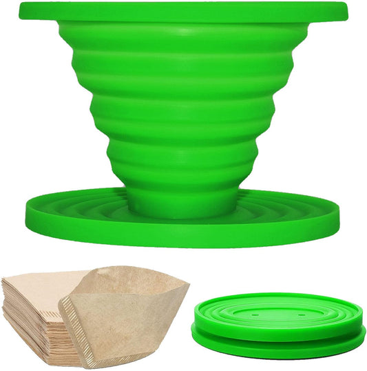 Collapsible Pour Over Coffee Dripper Set - Silicone Reusable Cone Filter Holders with 100Pcs Paper Filters - For Home, Camping, Travel, Office (1, Green)