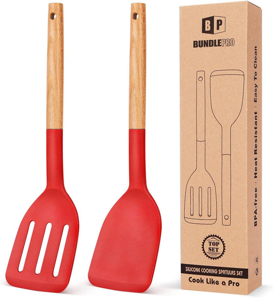 Pack of 2 Silicone Cooking Spatula, Heat Resistant Solid Turner, Non Stick Slotted Spatulas with Wooden Handle,Ideal Wood Kitchen Utensils Set for Frying, Baking, Flipping, Turning (RED)