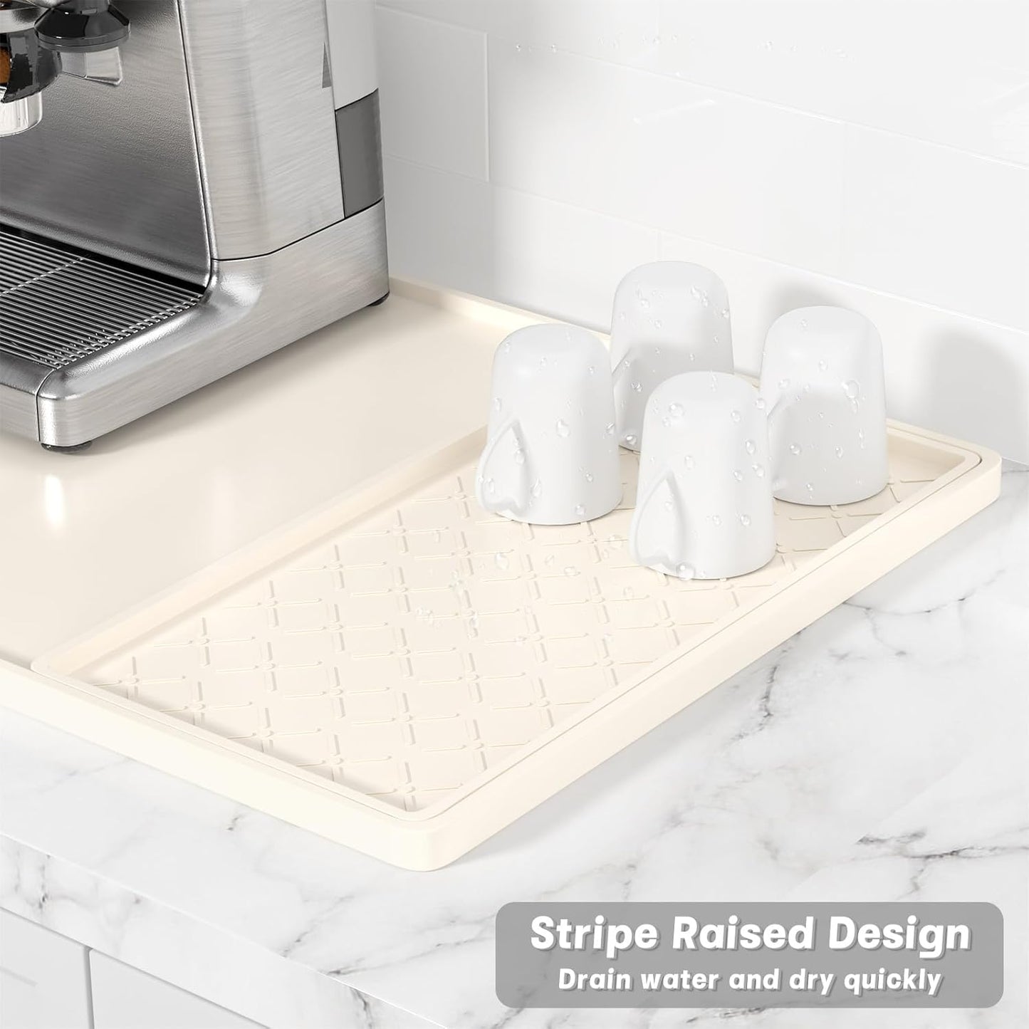 Rnivvi Silicone Coffee Mat, 16" x 24" Waterproof Raised Edge Coffee Bar Mats for Espresso Machine Station Accessories, Heat Resistant Detachable Dish Drying Pad for Kitchen Counter, Dish Rack, Beige