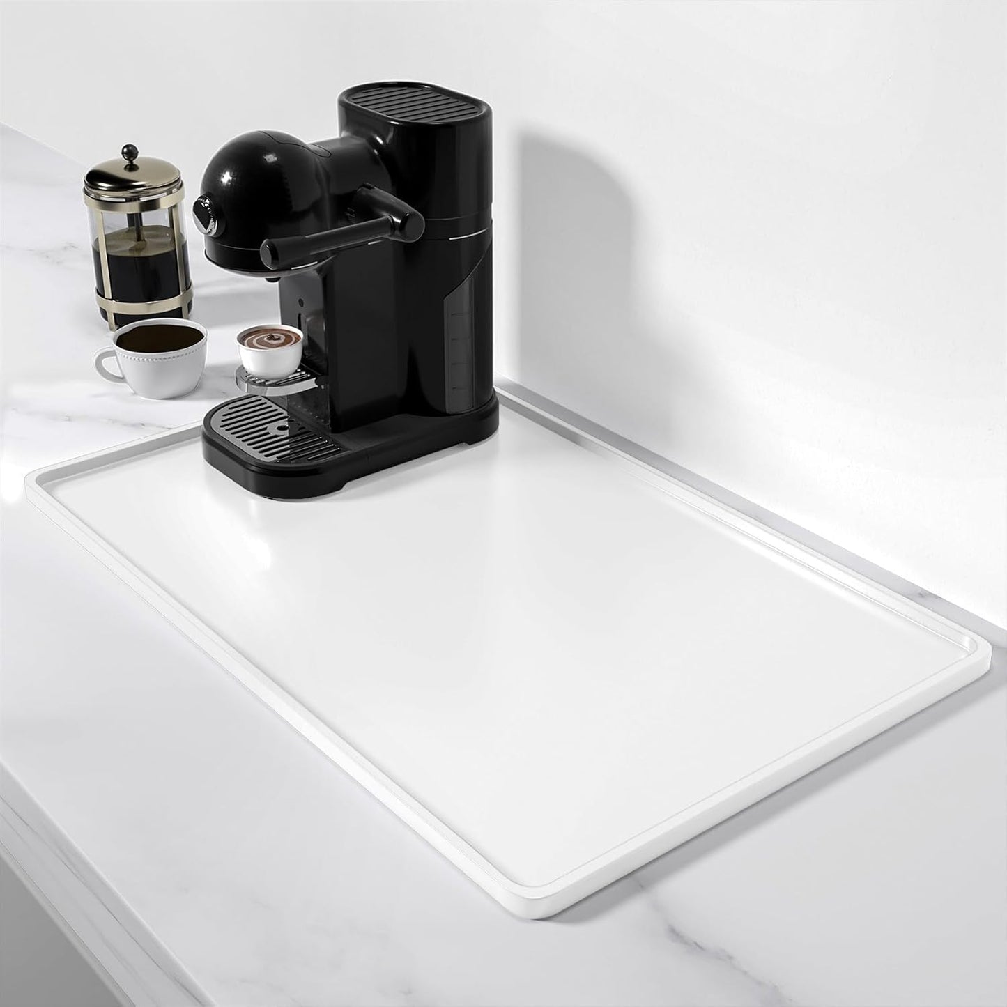 Rnivvi Silicone Coffee Mat, 12" x 19" Waterproof Raised Edge Coffee Bar Mats for Espresso Machine Station Accessories, Heat Resistant Dish Drying Pad for Kitchen Counter, Rubber Bar Decor Pad, White