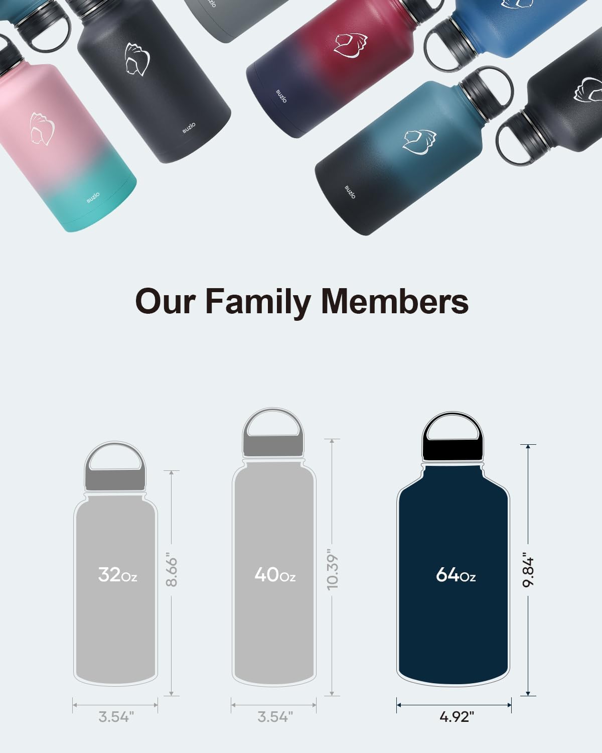 BUZIO 64 oz Water Bottle Insulated with Straw & 3 lid and Carrying Pouch, Leak Proof Half Gallon Stainless Steel Water Flask Jug, Cold for 48 Hrs Double Vacuum Thermo Canteen, BPA-Free, Bubble Gum