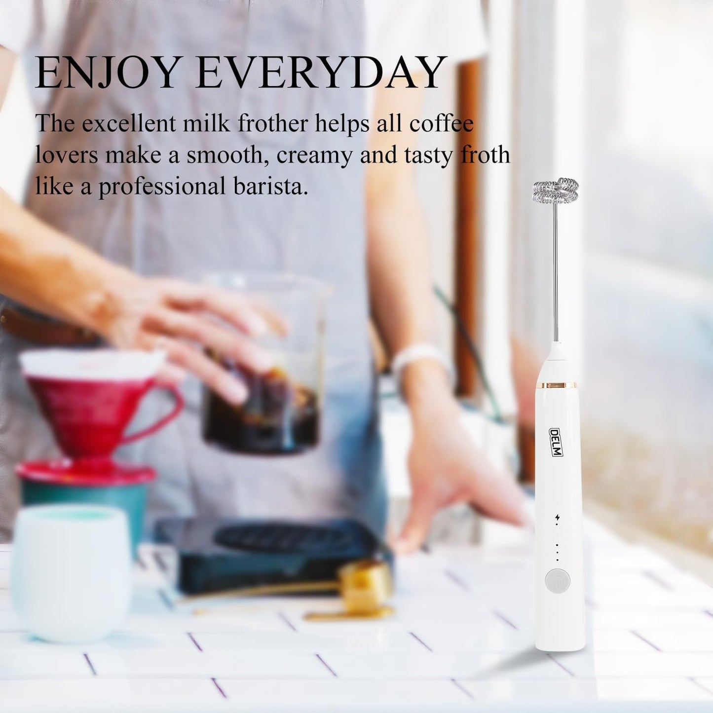 Delm Milk Frother Electric USB Stainless Steel Accessory - Frother Wand Foam Maker for Lattes - Milk Frother Handheld for Cappuccino, Frappe, Matcha, Hot Chocolate - Frother for Coffee (white)